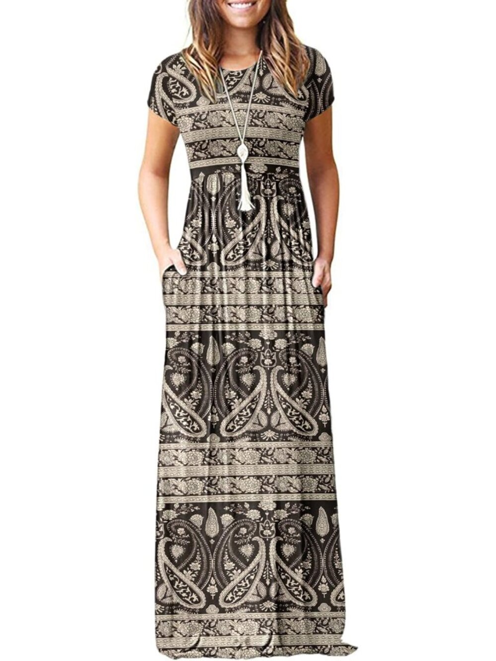 Women's Boho Black Short Sleeve Loose Plain Maxi Pockets Casual Long Dresses